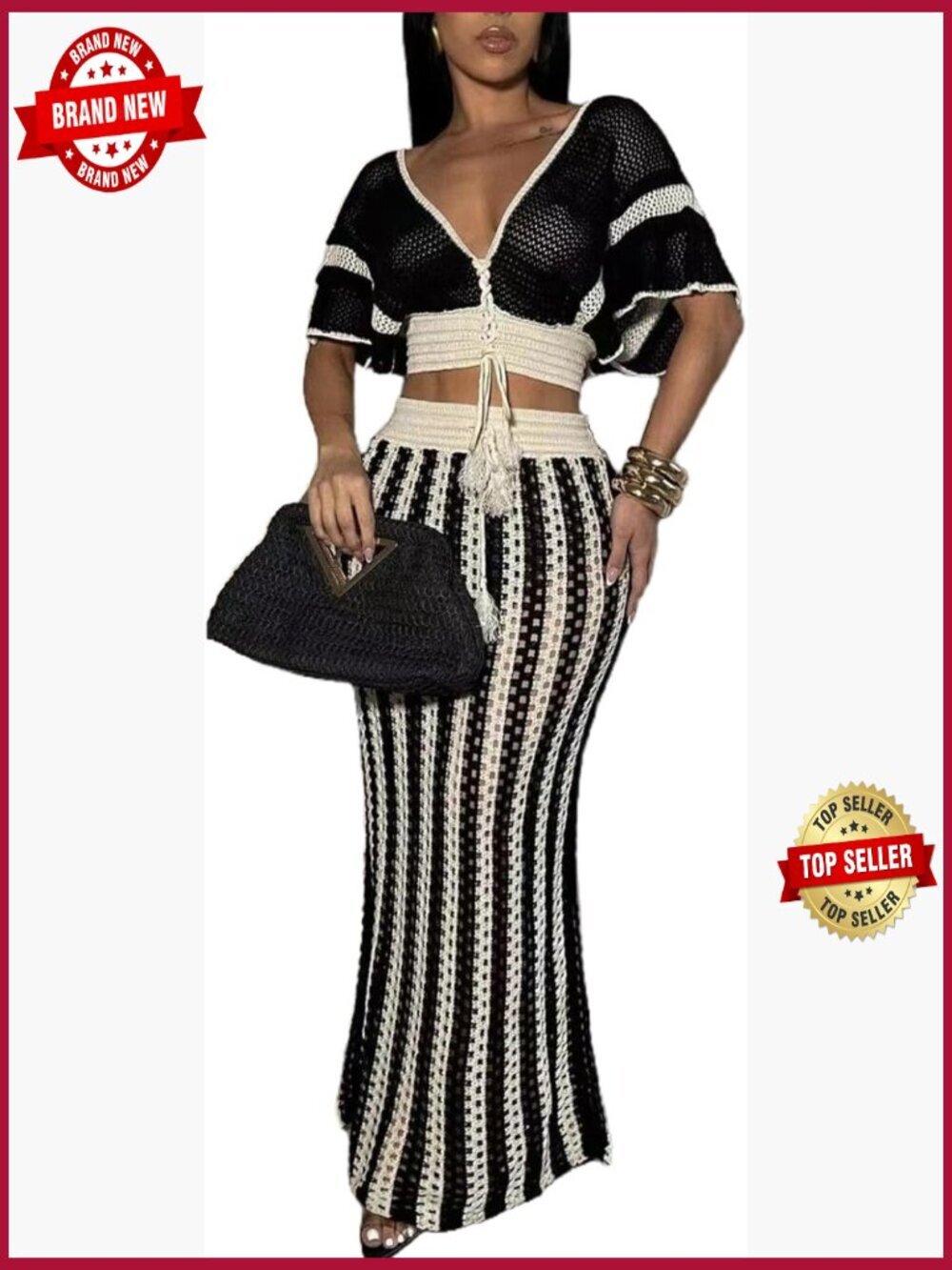Knit 2 Piece Outfits Short Sleeve Hollow Out Top Striped Maxi Skirt Summer Sets